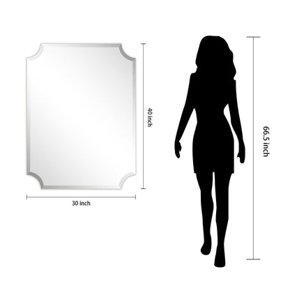 Miroir mural rectangulaire sans cadre à bord biseauté festonné, pour salle de bain, coiffeuse ou chambre, transparent.