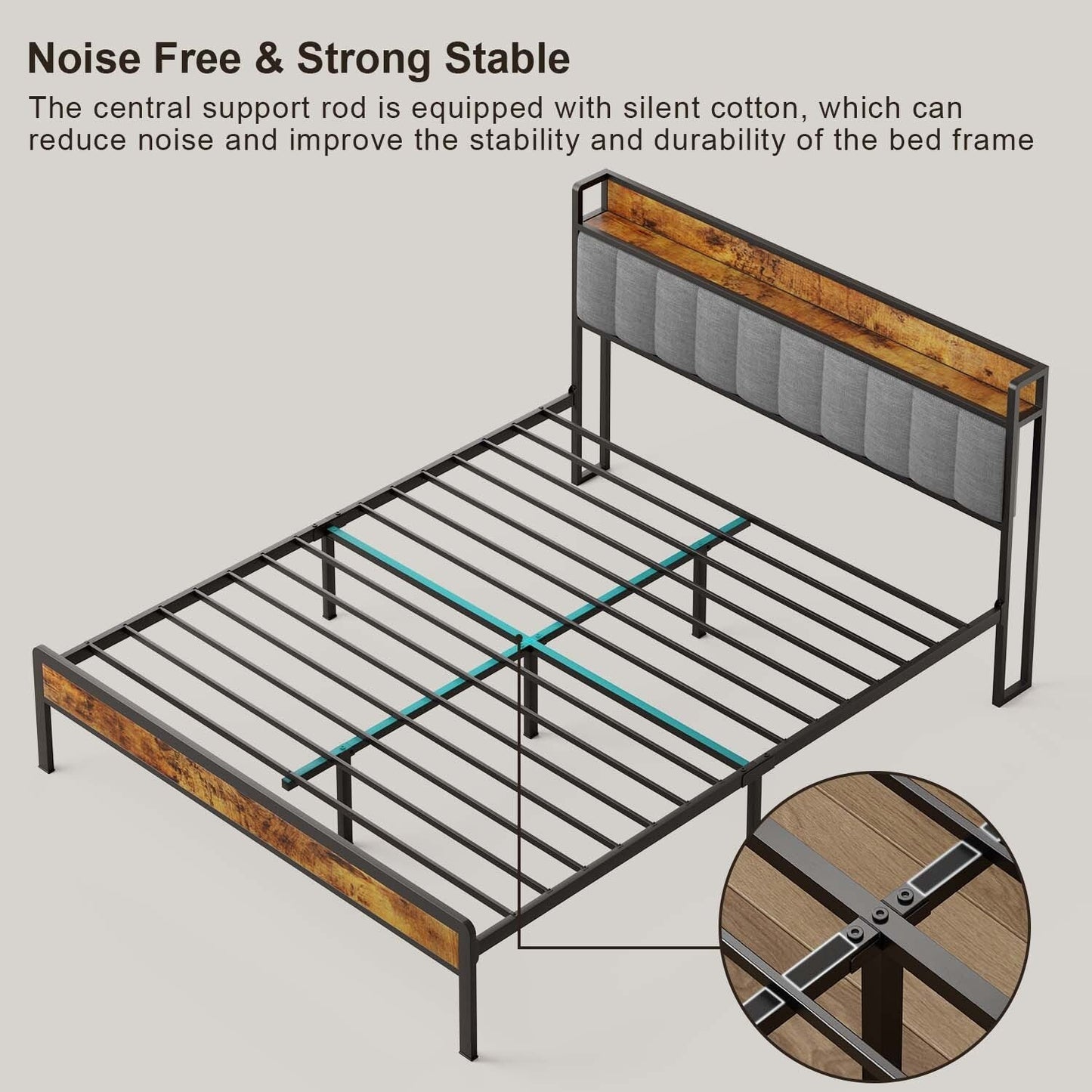 Cadre de lit plateforme en métal pour lits jumeaux, doubles, queen et king size, avec tête de lit rembourrée et rangement.