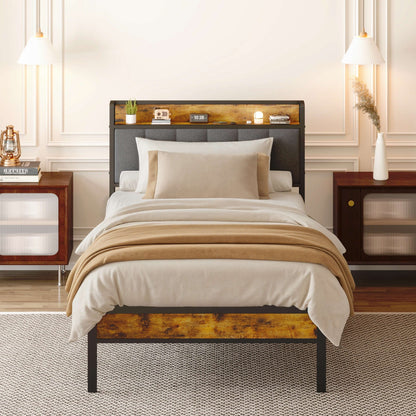 Cadre de lit plateforme en métal pour lits jumeaux, doubles, queen et king size, avec tête de lit rembourrée et rangement.