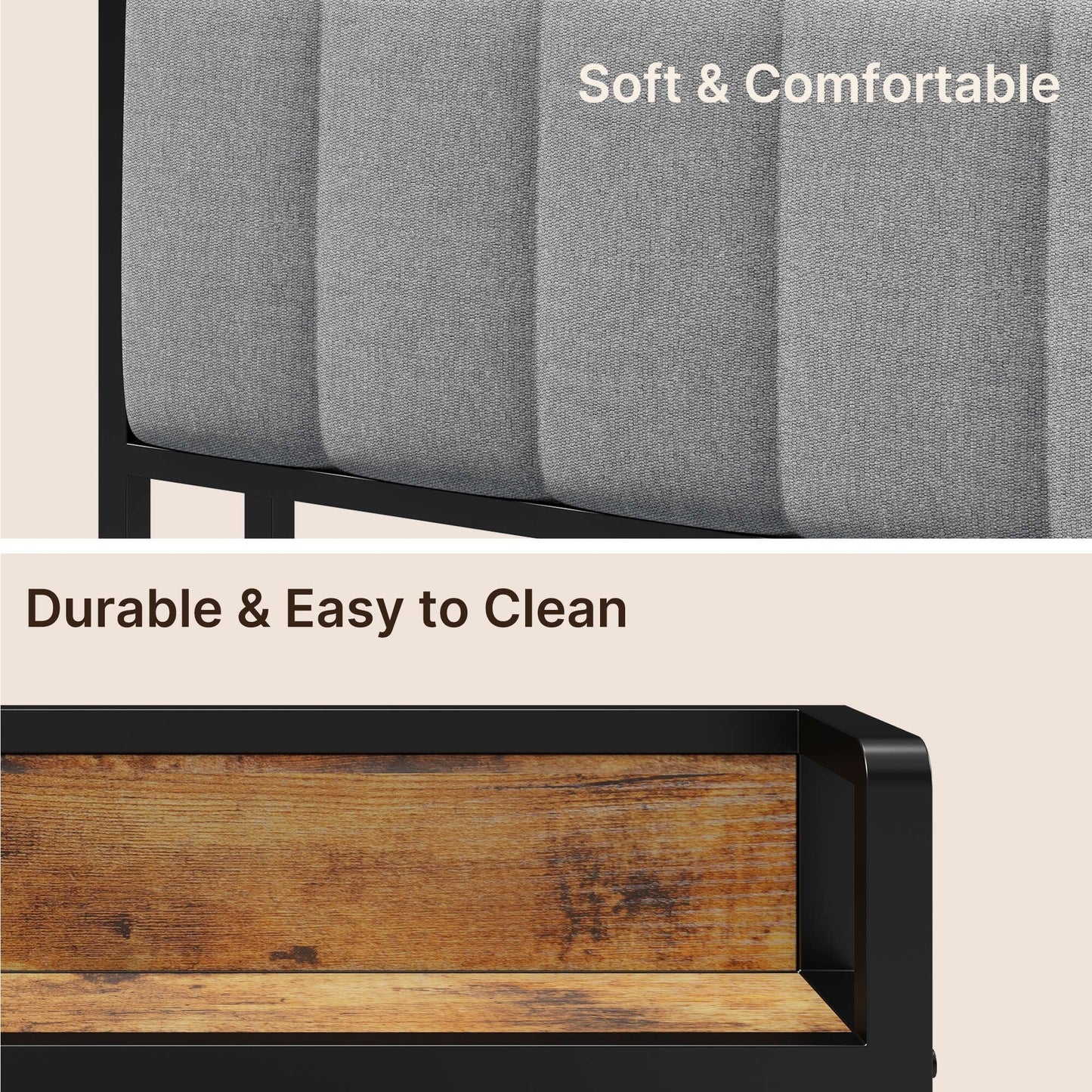 Cadre de lit plateforme en métal pour lits jumeaux, doubles, queen et king size, avec tête de lit rembourrée et rangement.