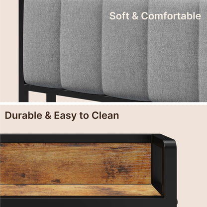 Cadre de lit plateforme en métal pour lits jumeaux, doubles, queen et king size, avec tête de lit rembourrée et rangement.