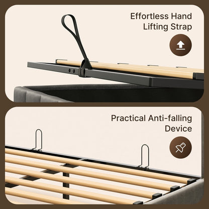 Cadre de lit coffre relevable, cadre de lit plateforme rembourré avec système de rangement hydraulique et tête de lit