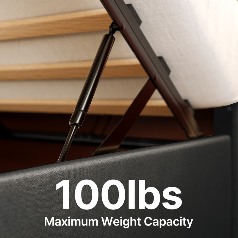 Cadre de lit coffre relevable, cadre de lit plateforme rembourré avec système de rangement hydraulique et tête de lit