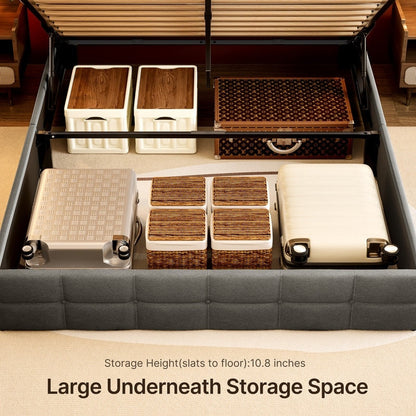 Cadre de lit coffre relevable, cadre de lit plateforme rembourré avec système de rangement hydraulique et tête de lit
