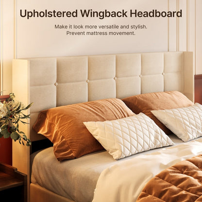 Cadre de lit coffre relevable, cadre de lit plateforme rembourré avec système de rangement hydraulique et tête de lit