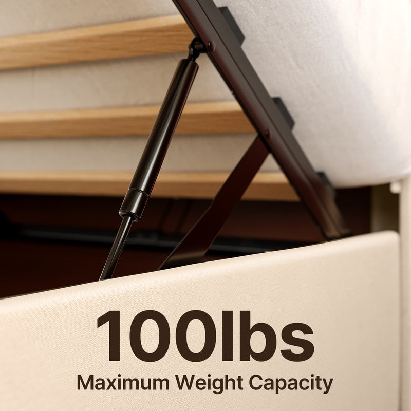 Cadre de lit coffre relevable, cadre de lit plateforme rembourré avec système de rangement hydraulique et tête de lit