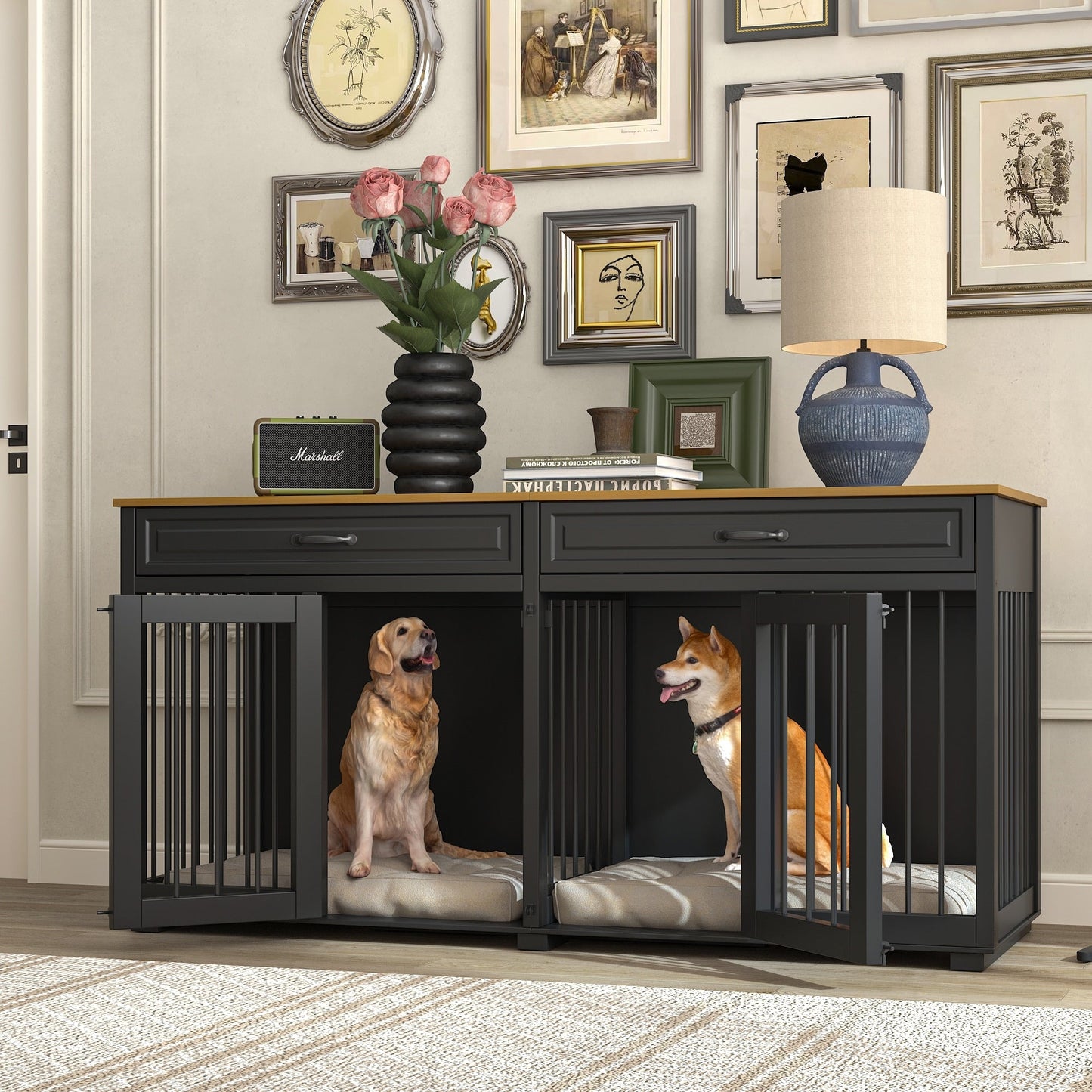 Cage pour chien style meuble, niche en bois pour grand chien de 64,5 pouces