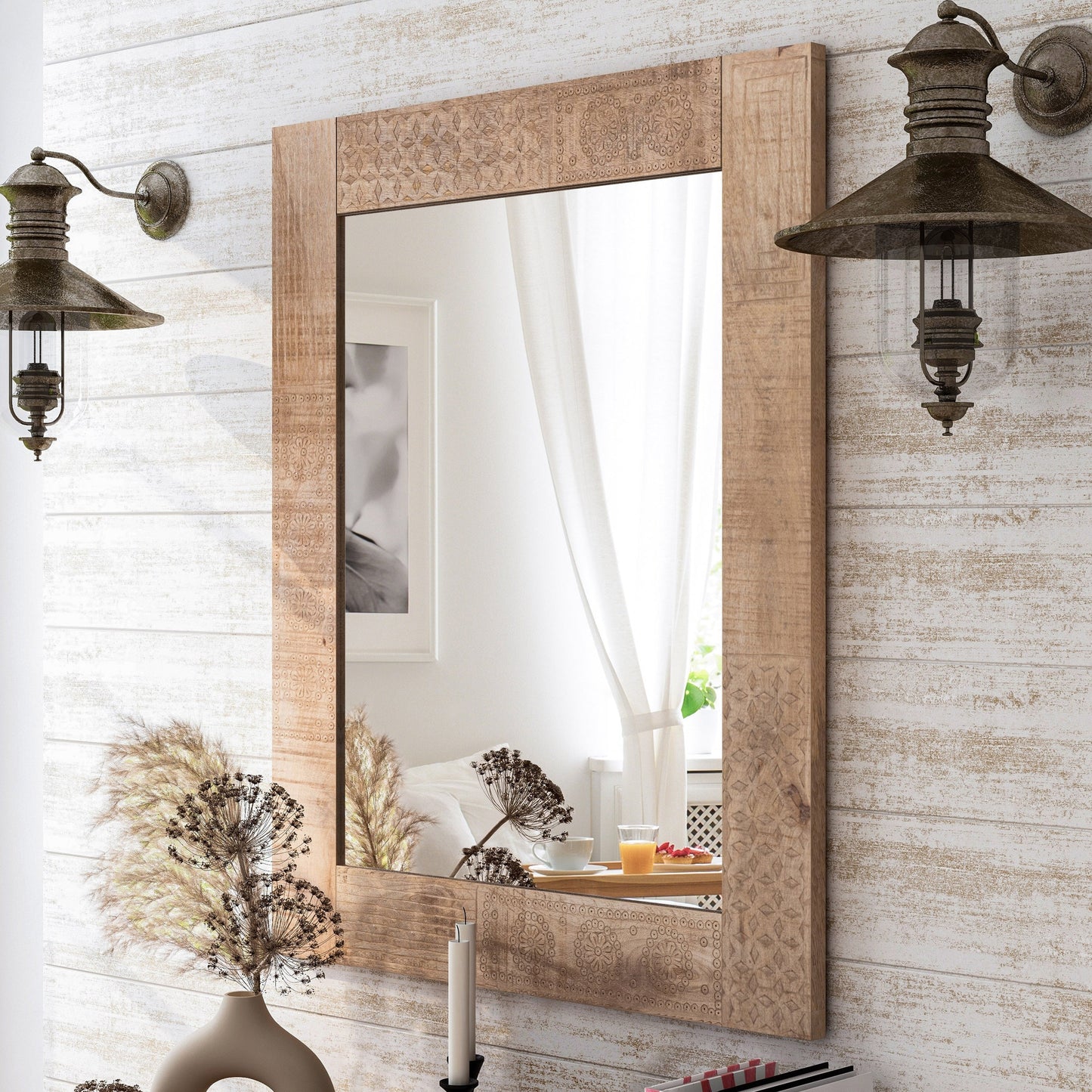 Miroir mural rustique Carina en bois massif naturel de Furniture of America