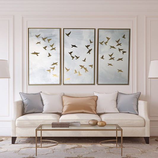 Ensemble de 3 impressions sur toile encadrée dorée « Oiseaux dorés »