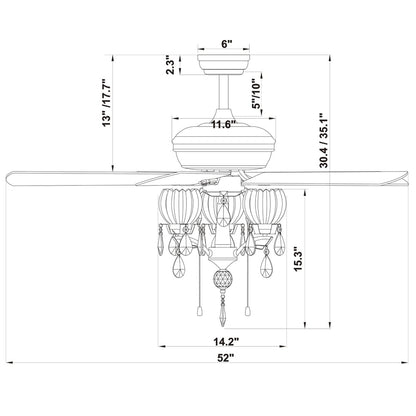 Ventilateur de plafond lumineux Garlow à 5 pales, noir mat, avec lustre à coupelles en cristal en forme de fleur (télécommande incluse) - 132 cm de diamètre