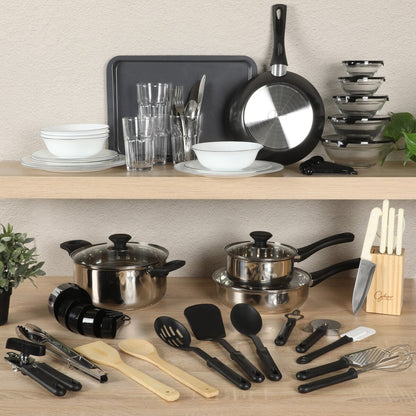 Ensemble de cuisine Gibson Home 74 pièces : ustensiles de cuisine, vaisselle, couverts, outils et accessoires, rangements et verrerie