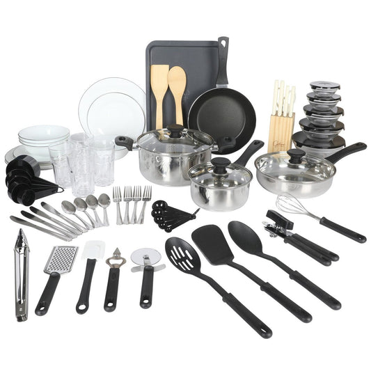 Ensemble de cuisine Gibson Home 74 pièces : ustensiles de cuisine, vaisselle, couverts, outils et accessoires, rangements et verrerie