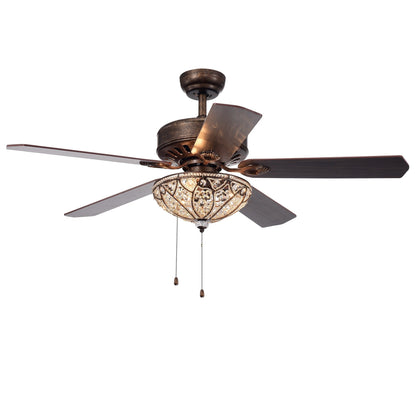 Ventilateur de plafond Gliska à 5 pales, finition bronze rustique, avec abat-jour en cristal