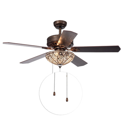 Ventilateur de plafond Gliska à 5 pales, finition bronze rustique, avec abat-jour en cristal