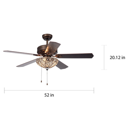 Ventilateur de plafond Gliska à 5 pales, finition bronze rustique, avec abat-jour en cristal