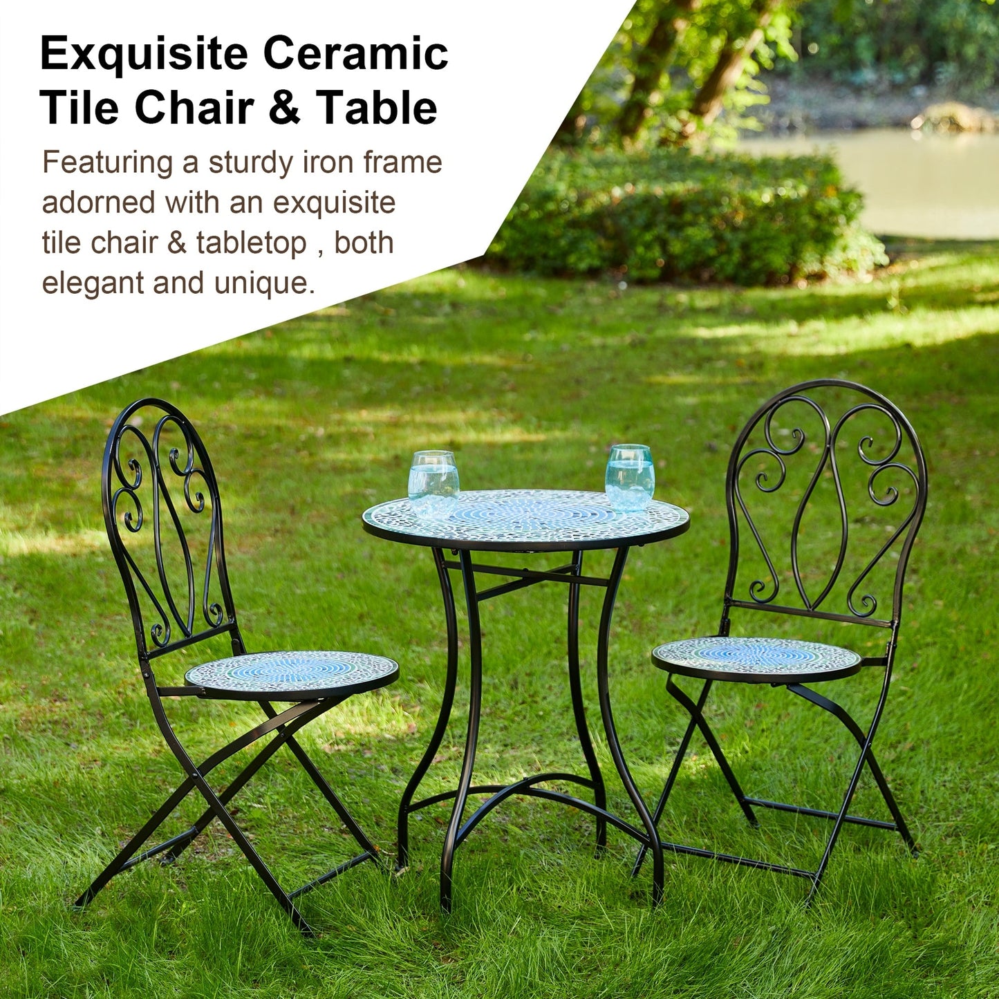 Ensemble bistro pliant d'extérieur en métal Glitzhome, 3 pièces : table et chaises de patio