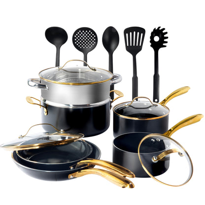 Ensemble de 15 pièces de casseroles et poêles Gotham Steel noires en céramique ultra antiadhésive avec ustensiles