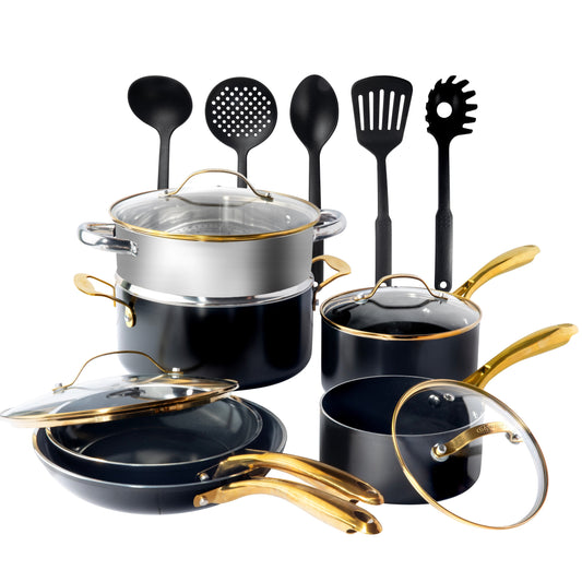 Ensemble de 15 pièces de casseroles et poêles Gotham Steel noires en céramique ultra antiadhésive avec ustensiles
