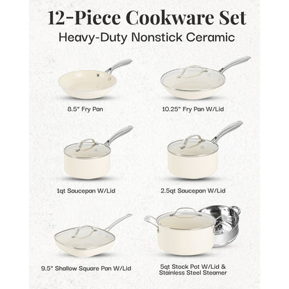 Ensemble de 12 pièces de casseroles et poêles Gotham Steel couleur crème, en céramique ultra antiadhésive avec poignées isolantes