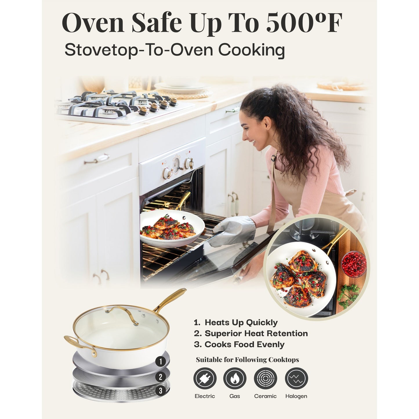Ensemble de 15 pièces de casseroles et poêles Gotham Steel couleur crème, en céramique ultra antiadhésive, avec ustensiles