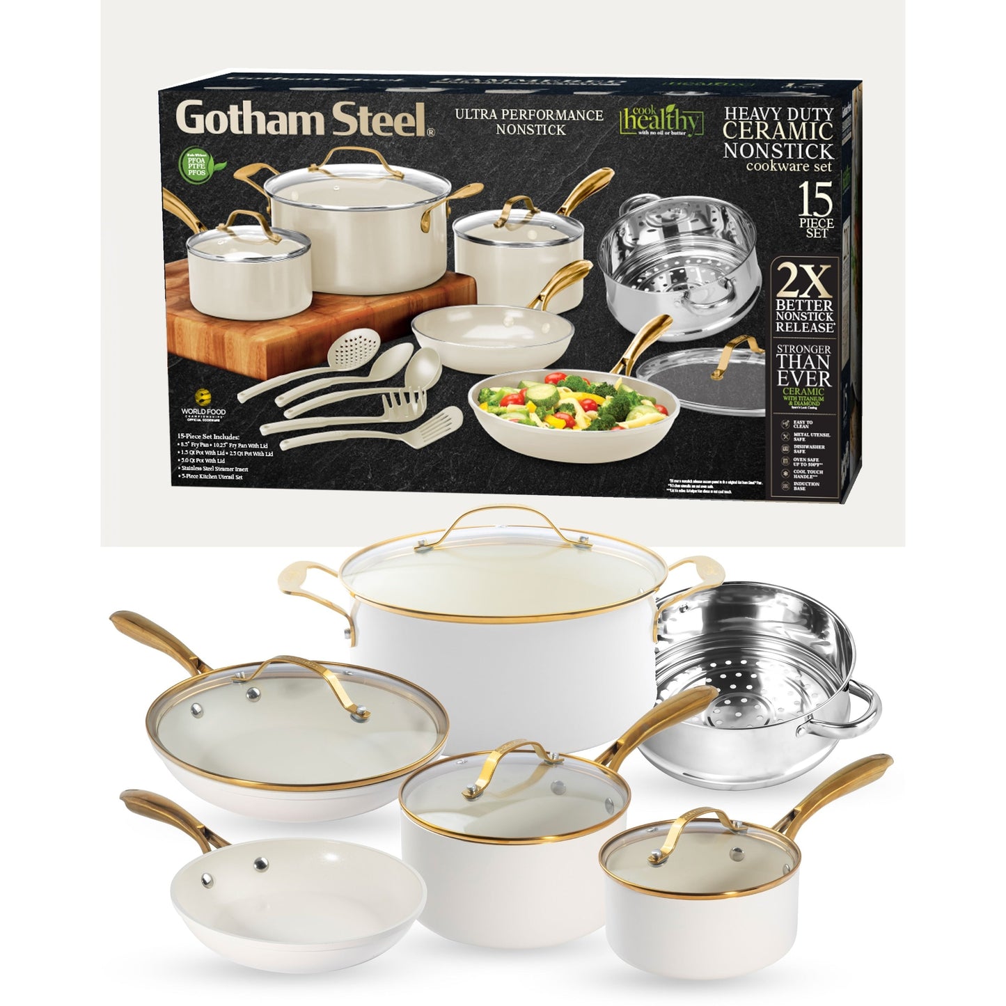Ensemble de 15 pièces de casseroles et poêles Gotham Steel couleur crème, en céramique ultra antiadhésive, avec ustensiles
