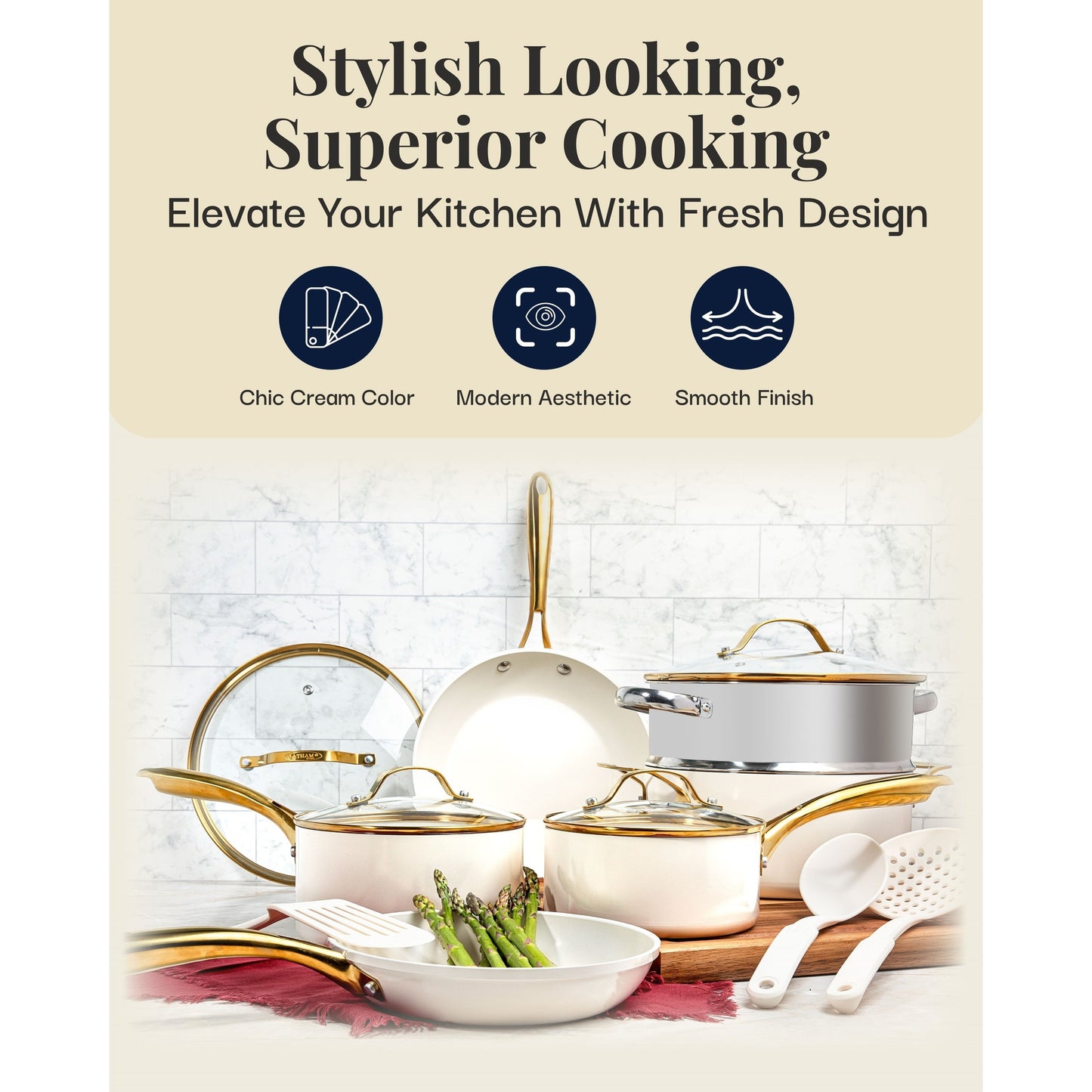 Ensemble de 15 pièces de casseroles et poêles Gotham Steel couleur crème, en céramique ultra antiadhésive, avec ustensiles