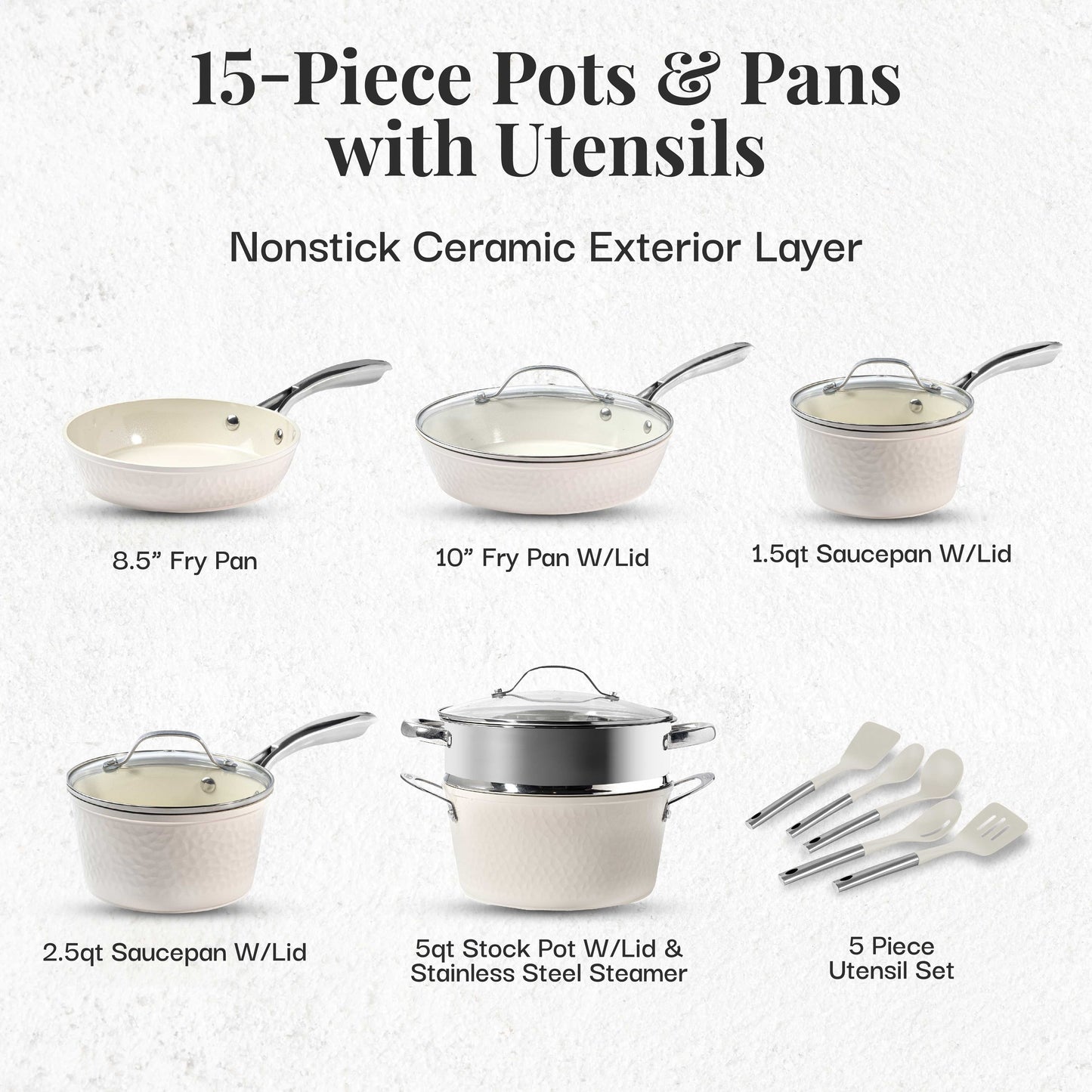 Ensemble de 15 pièces de casseroles et poêles Gotham Steel Hammered Cream en céramique antiadhésive, avec ustensiles.