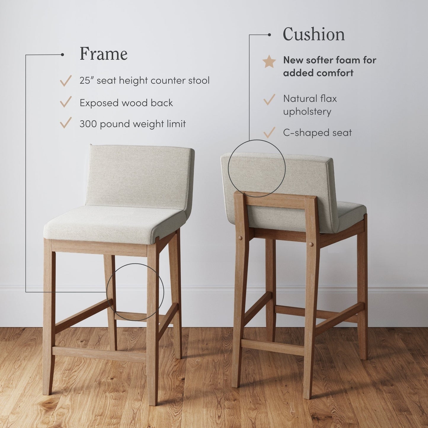 Tabouret de bar moderne Gracie, chaise rembourrée en tissu bouclé et pieds en bois brossé