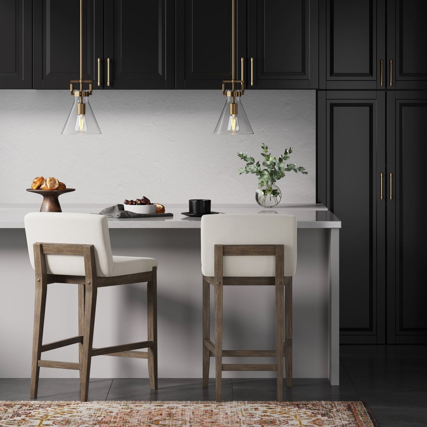 Tabouret de bar moderne Gracie, chaise rembourrée en tissu bouclé et pieds en bois brossé