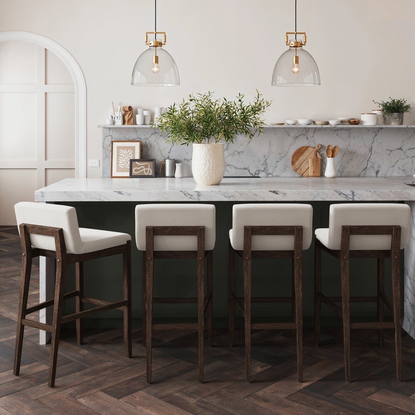 Tabouret de bar moderne Gracie, chaise rembourrée en tissu bouclé et pieds en bois brossé