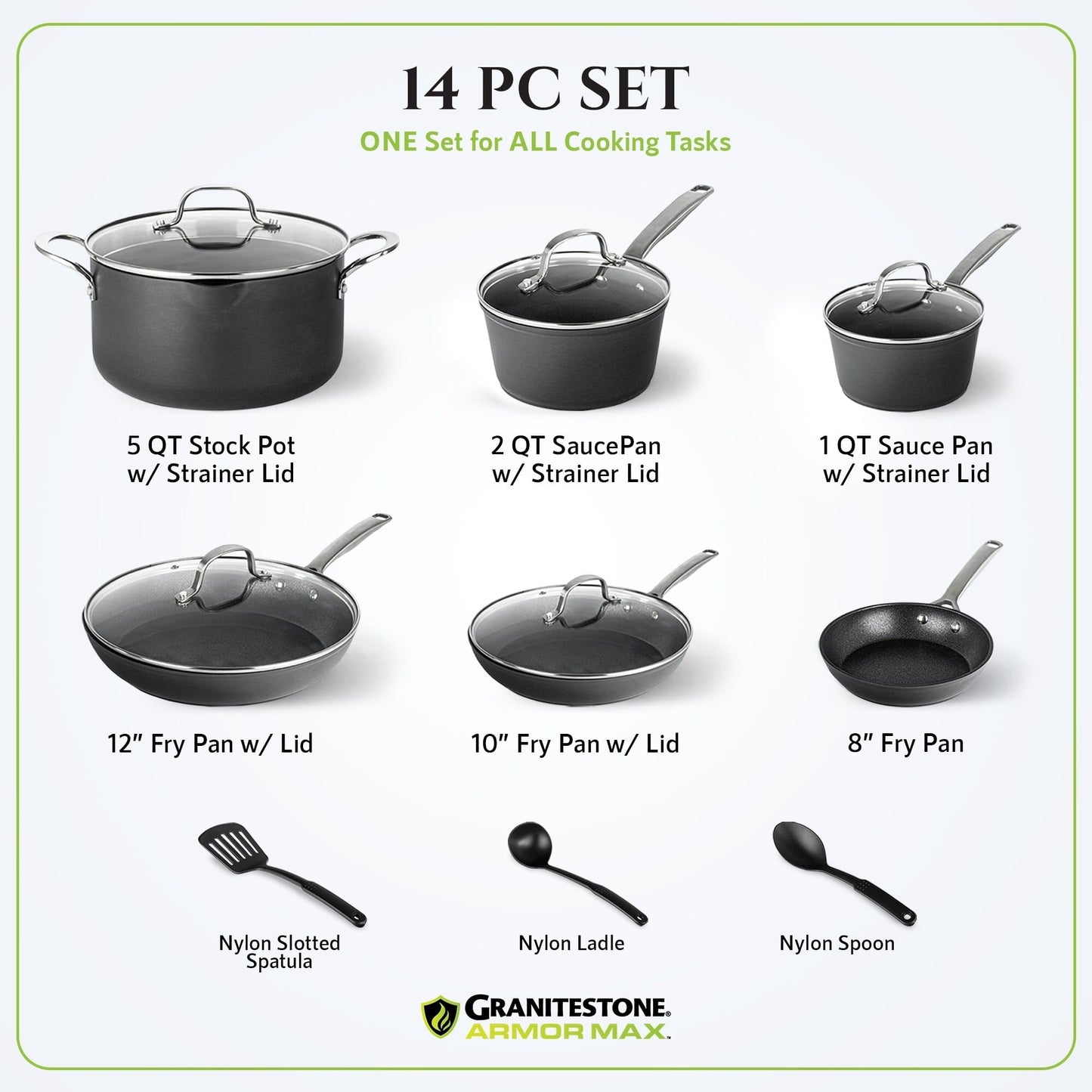 Ensemble de 14 pièces de batterie de cuisine Granitestone Armor Max en aluminium anodisé dur