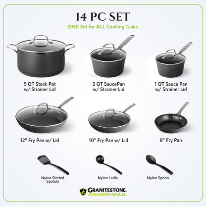 Ensemble de 14 pièces de batterie de cuisine Granitestone Armor Max en aluminium anodisé dur