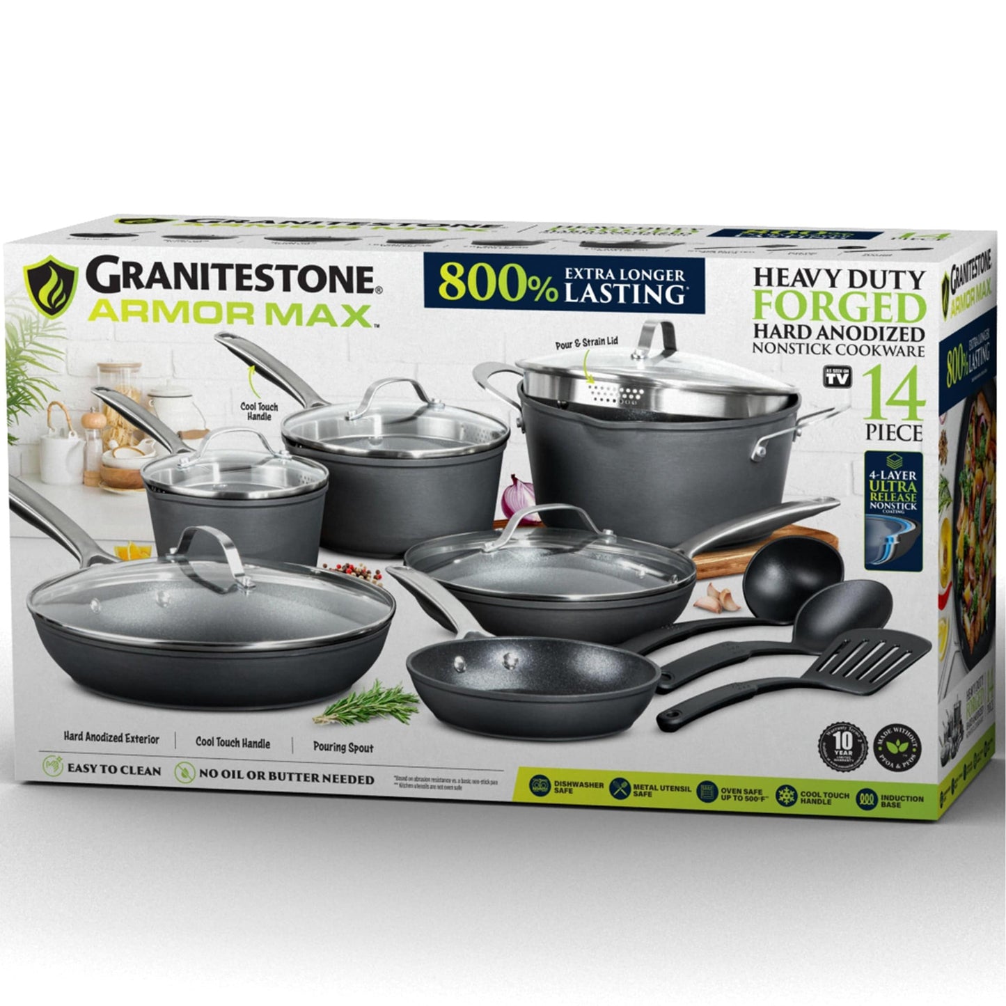 Ensemble de 14 pièces de batterie de cuisine Granitestone Armor Max en aluminium anodisé dur