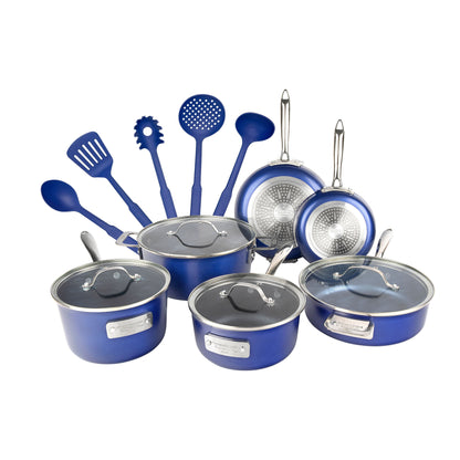 Batterie de cuisine antiadhésive Stackmaster 15 pièces Granitestone Blue avec couvercles en verre