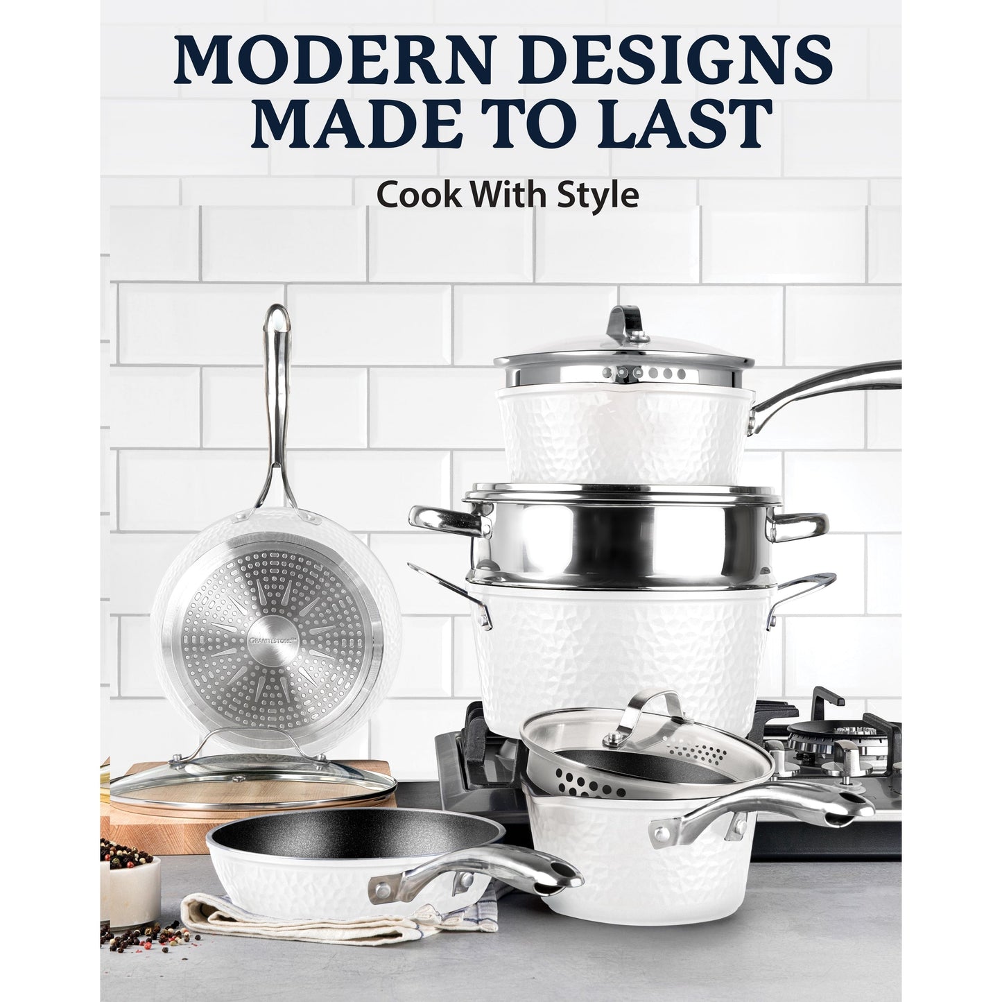 Ensemble de 15 pièces de batterie de cuisine antiadhésive Granitestone Charleston Hammered