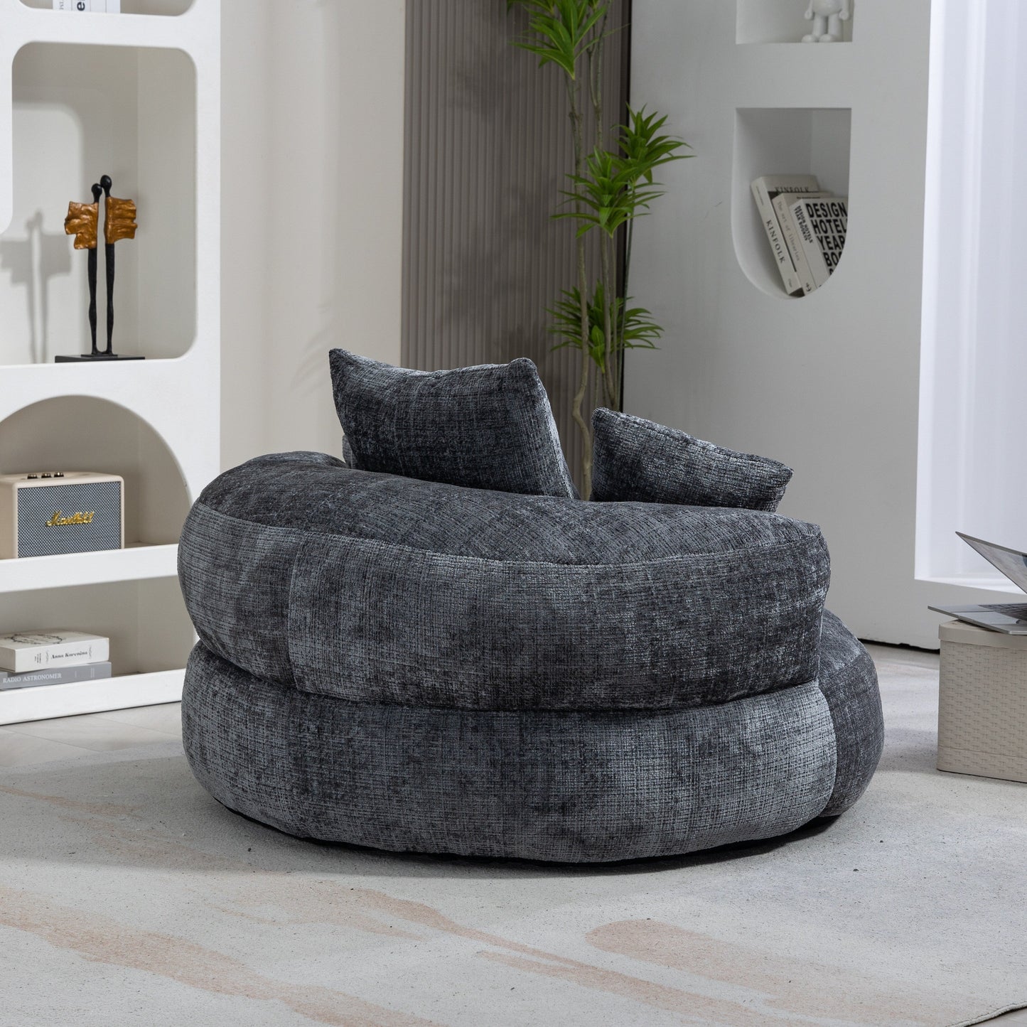 Pouf paresseux gris surdimensionné de 42,52 pouces en chenille avec trois coussins pour chambre à coucher