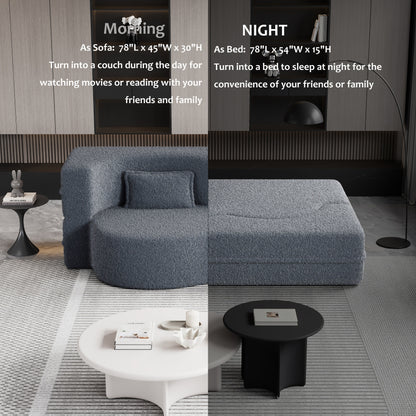Canapé-lit convertible deux places en tissu Teddy gris 78, garni de mousse, avec 2 oreillers et matelas pliable pour salon