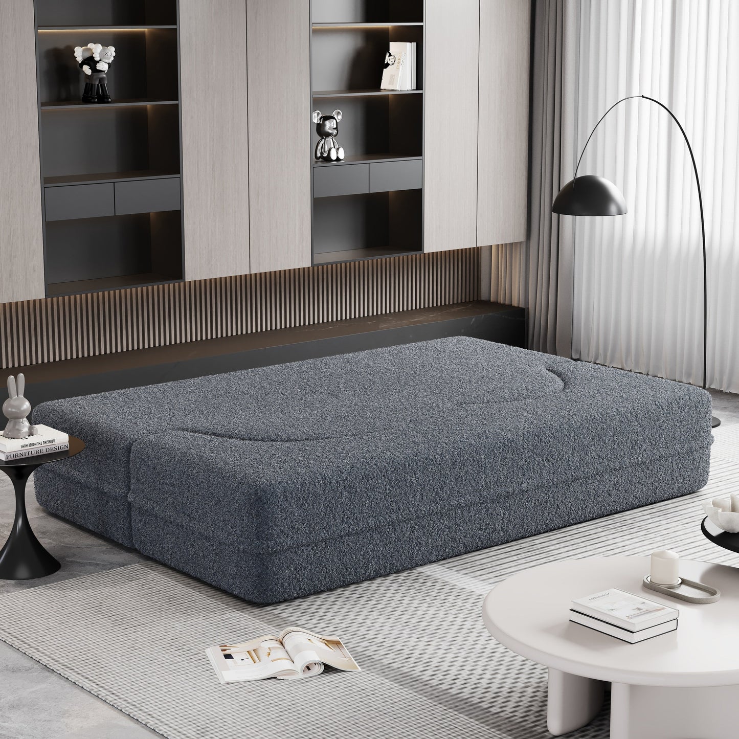 Canapé-lit convertible deux places en tissu Teddy gris 78, garni de mousse, avec 2 oreillers et matelas pliable pour salon