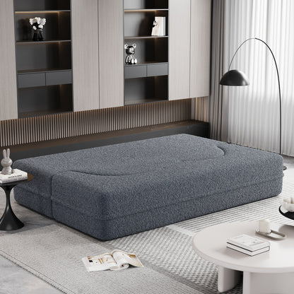 Canapé-lit convertible deux places en tissu Teddy gris 78, garni de mousse, avec 2 oreillers et matelas pliable pour salon