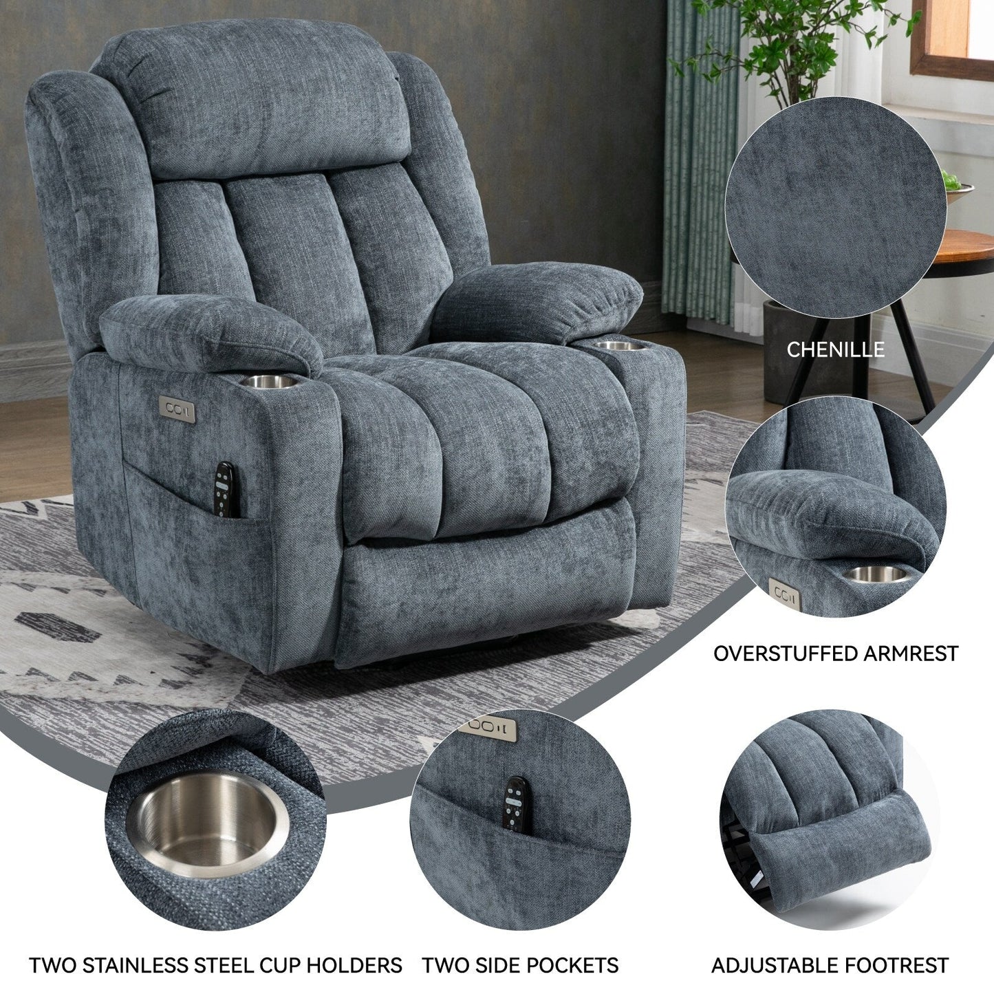 Fauteuil inclinable électrique en chenille grise avec fonction massage, chauffage lombaire, ports USB et Type-C et porte-gobelets en acier inoxydable
