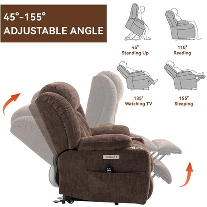Fauteuil inclinable électrique en chenille grise avec fonction massage, chauffage lombaire, ports USB et Type-C et porte-gobelets en acier inoxydable