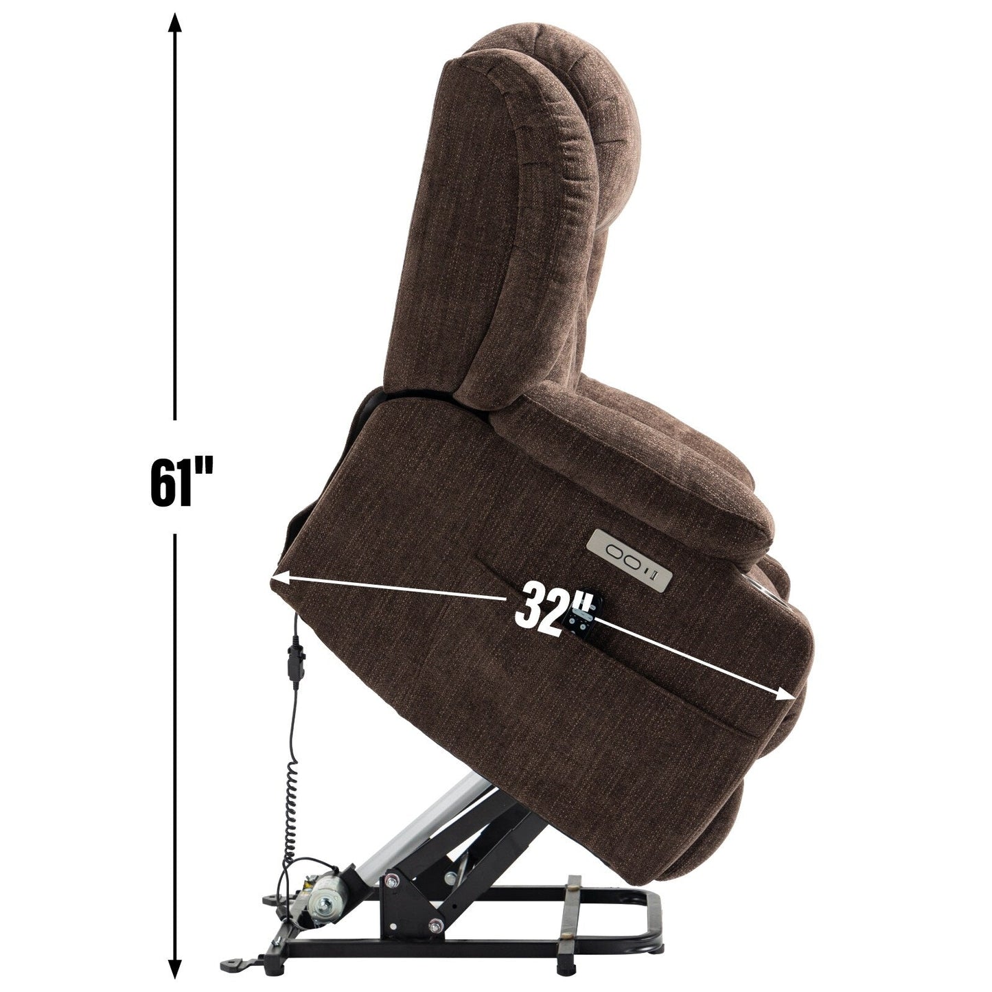 Fauteuil inclinable électrique en chenille grise avec fonction massage, chauffage lombaire, ports USB et Type-C et porte-gobelets en acier inoxydable