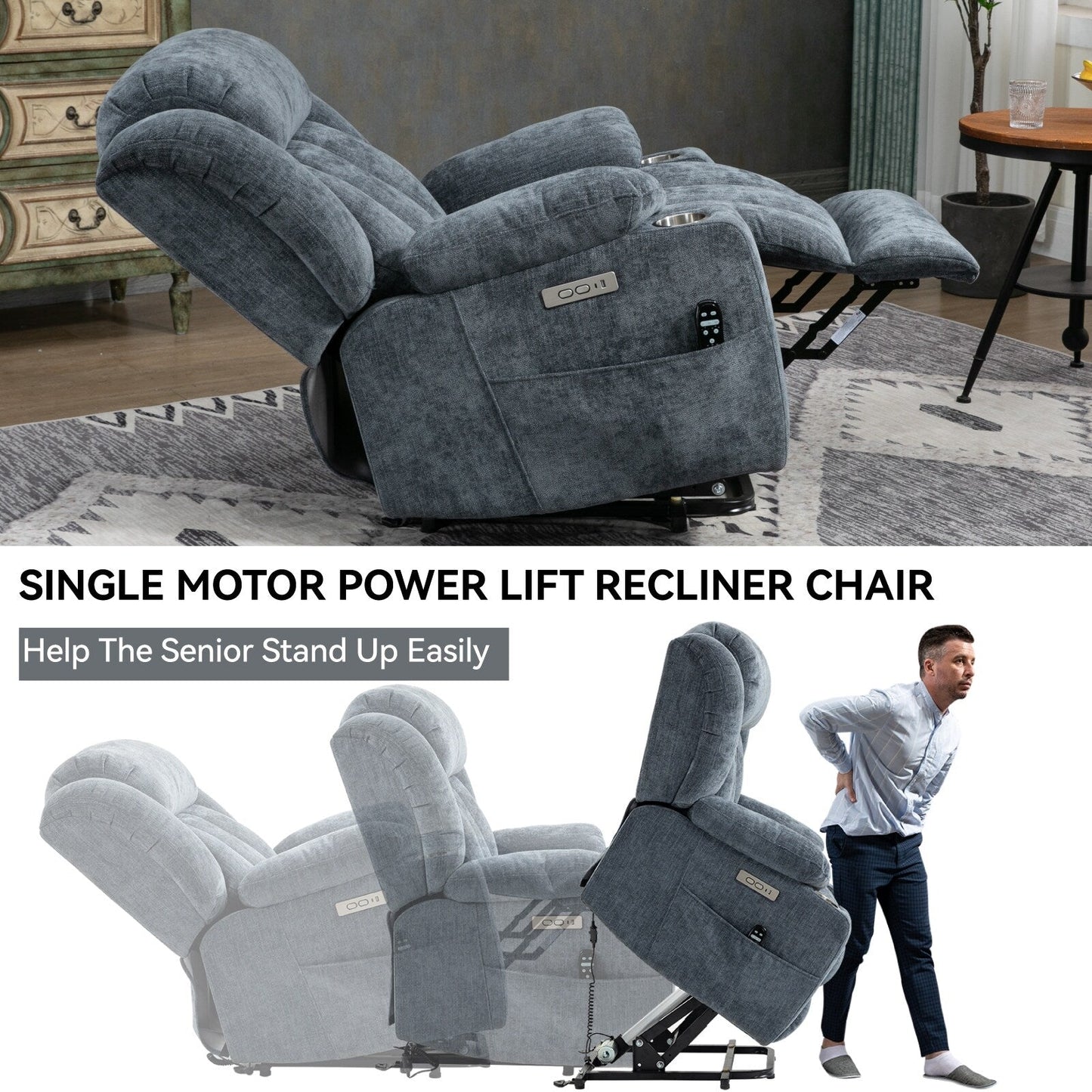 Fauteuil inclinable électrique en chenille grise avec fonction massage, chauffage lombaire, ports USB et Type-C et porte-gobelets en acier inoxydable