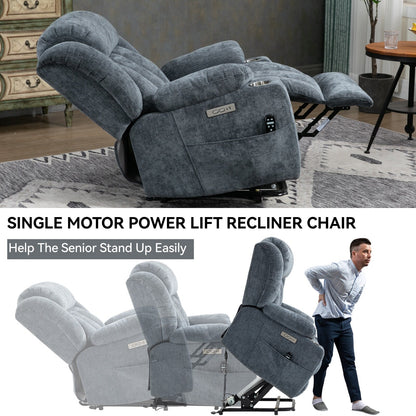 Fauteuil inclinable électrique en chenille grise avec fonction massage, chauffage lombaire, ports USB et Type-C et porte-gobelets en acier inoxydable