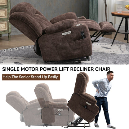 Fauteuil inclinable électrique en chenille grise avec fonction massage, chauffage lombaire, ports USB et Type-C et porte-gobelets en acier inoxydable