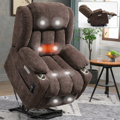 Fauteuil inclinable électrique en chenille grise avec fonction massage, chauffage lombaire, ports USB et Type-C et porte-gobelets en acier inoxydable