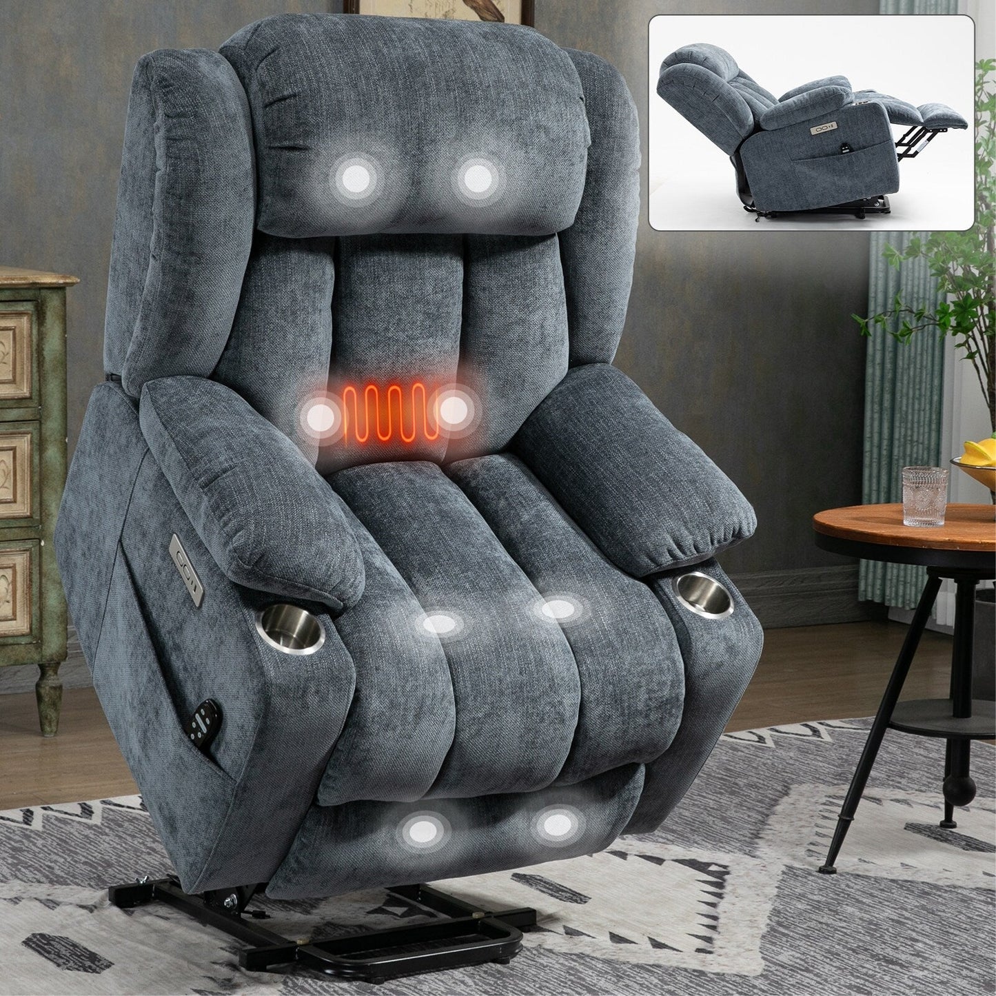 Fauteuil inclinable électrique en chenille grise avec fonction massage, chauffage lombaire, ports USB et Type-C et porte-gobelets en acier inoxydable
