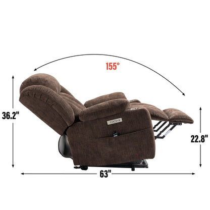 Fauteuil inclinable électrique en chenille grise avec fonction massage, chauffage lombaire, ports USB et Type-C et porte-gobelets en acier inoxydable