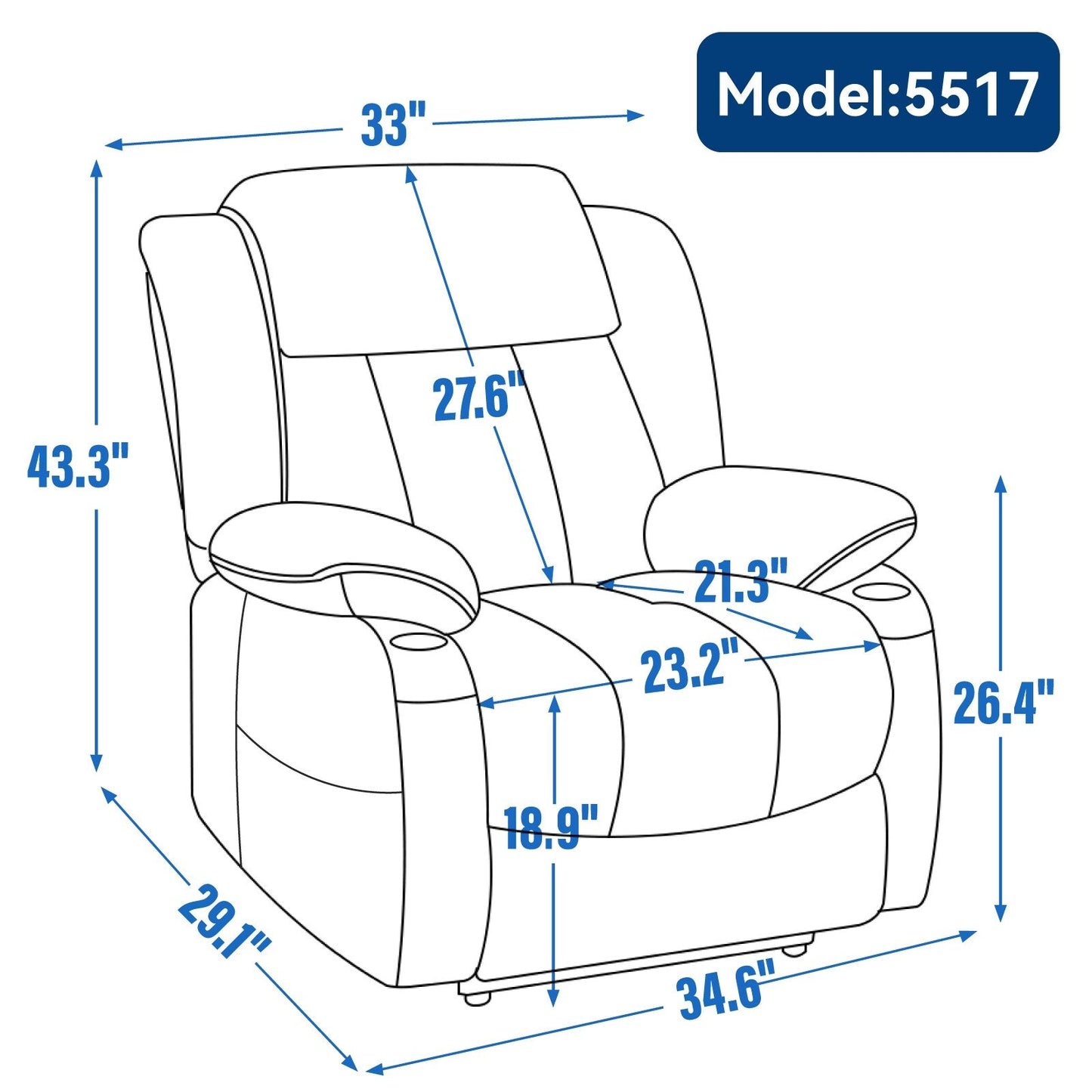 Fauteuil inclinable électrique en chenille grise avec fonction massage, chauffage lombaire, ports USB et Type-C et porte-gobelets en acier inoxydable