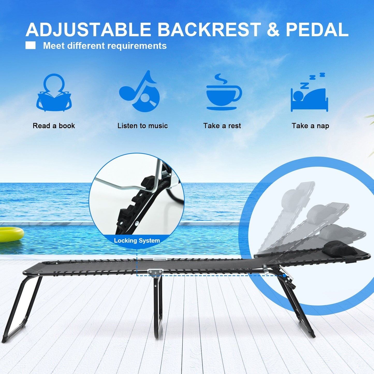 Chaise longue de plage pliante Gymax avec coussin, 4 positions